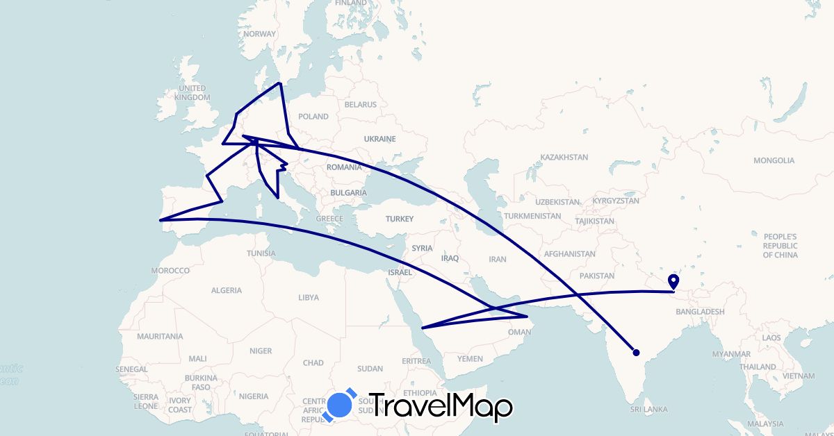 TravelMap itinerary: driving in Austria, Belgium, Switzerland, Czech Republic, Germany, Denmark, Spain, France, India, Italy, Luxembourg, Netherlands, Nepal, Oman, Portugal, Qatar, Saudi Arabia, Sweden, Slovenia, Slovakia (Asia, Europe)